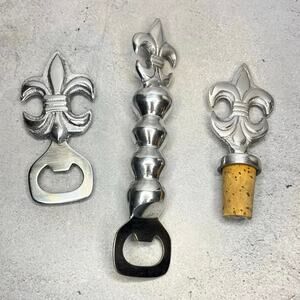 Fleur-de-Lis Bar Tool Set 3pc Bottle Openers & Stopper Silver NWOT Kitchen Gift